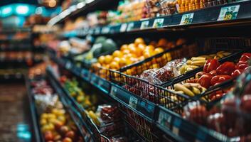 ai gegenereerd vers fruit en groenten weergegeven Aan supermarkt schappen foto