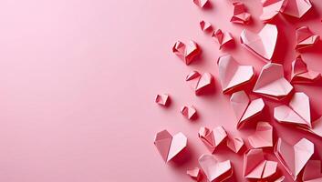 ai gegenereerd origami papier harten Aan roze achtergrond. Valentijnsdag dag concept. foto