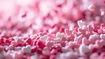 ai gegenereerd dichtbij omhoog van roze en wit hart vormig snoepjes foto