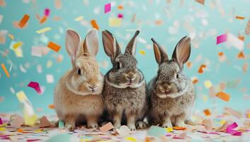 ai gegenereerd groep van Pasen konijntjes met confetti Aan blauw achtergrond foto