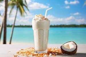 ai gegenereerd kokosnoot milkshake in een wijnoogst glas met wazig tropisch strand met palmen Aan een achtergrond foto