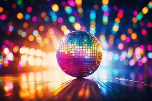 ai gegenereerd een disco bal weerspiegelt helder kleurrijk lichten in de nacht club rollend Aan de verdieping foto