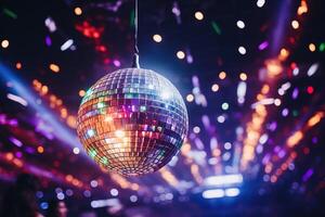 ai gegenereerd een disco bal weerspiegelt helder kleurrijk lichten in de nacht club dans hal. foto