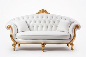 ai gegenereerd luxe klassiek wit en goud leer hoofdletter dichtgeknoopt sofa met twee kussens, geïsoleerd Aan wit foto