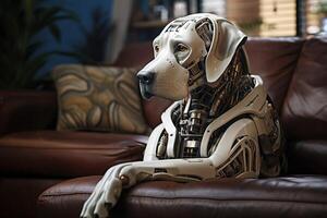 ai gegenereerd abstract beeld van een wit mechanisch vriend robot hond zittend in een leer sofa foto