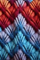 ai gegenereerd verticaal beeld kleurrijk blauw en oranje gebreid wol kleding stof macro structuur achtergrond, zacht en knus weven gevormde oppervlakte foto