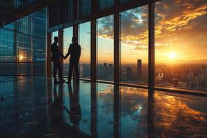 ai gegenereerd twee silhouetten van zakenlieden beven handen Aan de top verdieping in de buurt groot venster tegen de backdrop van de instelling zon over- een groot stad foto