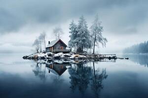 ai gegenereerd winter kalmte landschap eenzaam klein houten huis Aan een eiland in de midden- van een mistig meer foto