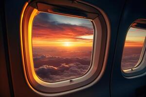 ai gegenereerd visie van de venster van een vliegtuig vliegend in de stralen van de zon, prachtig instelling in roze-oranje wolken van de binnen foto