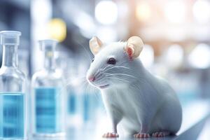 ai gegenereerd detailopname klein wit Rat Aan de tafel in de laboratorium tussen de test buizen en kolven foto