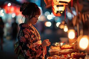 ai gegenereerd mooi Aziatisch jong vrouw in traditioneel kleren kimono Bij straat festival De volgende naar een straat voedsel staan foto