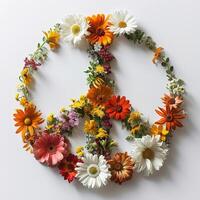 ai gegenereerd vrede symbool gemaakt van verschillend bloemen geïsoleerd Aan een wit achtergrond, liefde en vrede concept foto