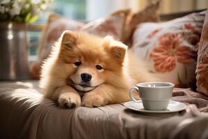 ai gegenereerd schattig pluizig hond leugens Aan de sofa met een kop van koffie foto