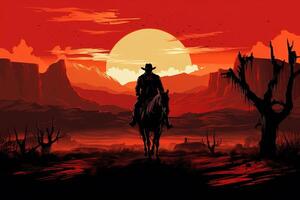 ai gegenereerd illustratie van een silhouet van een Mens in een cowboy hoed rijden een paard tegen de backdrop van de instelling zon van een berg vallei foto