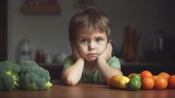 ai gegenereerd beledigd weinig jongen zit Bij de tafel en doet niet willen naar eten groenten foto