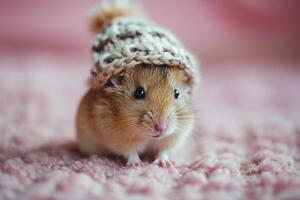 ai gegenereerd detailopname schattig pluizig huiselijk hamster in een warm gebreid hoed Aan een zacht roze achtergrond foto