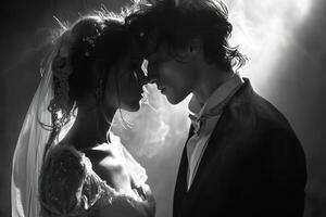 ai gegenereerd detailopname zwart en wit romantisch bruiloft foto van jong mooi paar bruid en bruidegom zoenen profiel visie
