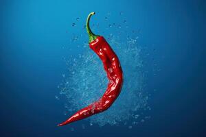 ai gegenereerd gebogen heet rood Chili peper spatten in Doorzichtig water Aan een blauw achtergrond foto
