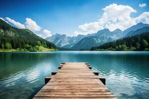 ai gegenereerd houten pier over- de schoon blauw meer in berg Woud Aan zonnig zomer dag foto