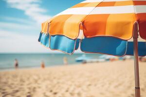 ai gegenereerd dichtbij omhoog beeld van een geel oranje en blauw strand paraplu Aan een achtergrond van een strand en blauw zee foto