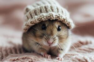 ai gegenereerd schattig huiselijk hamster in een warm gebreid hoed Aan een zacht textiel achtergrond foto