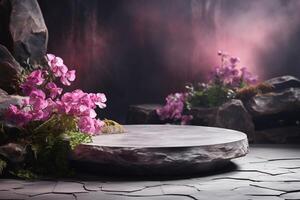 ai gegenereerd steen platform podium met mooi weinig roze bloemen, sjabloon voor montage of Product presentatie foto
