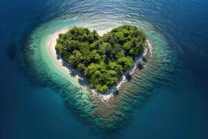 ai gegenereerd onbewoond tropisch paradijs eiland in de vorm van een hart omringd door de zee, antenne visie foto