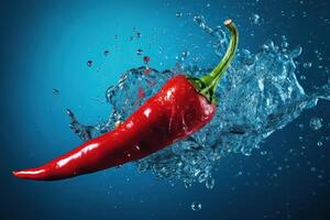 ai gegenereerd heet rood Chili peper spatten in Doorzichtig water Aan een blauw achtergrond foto