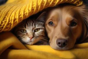 ai gegenereerd detailopname portret van een gestreept kat en een gember hond aan het liegen Aan een bed onder een geel deken foto