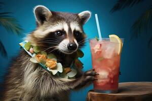 ai gegenereerd wasbeer toerist in een hawaiiaans ketting Holding een glas van tropisch cocktail terwijl zittend Aan een blauw achtergrond tussen palm bladeren foto