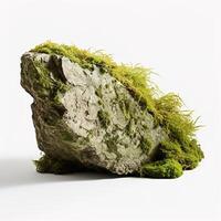 ai gegenereerd steen gedekt met groen mos geïsoleerd Aan wit achtergrond foto
