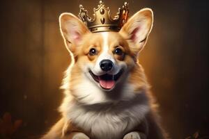 ai gegenereerd portret van een schattig gelukkig corgi hond vervelend een gouden Koninklijk kroon foto