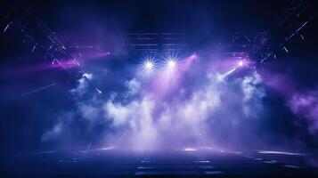 ai gegenereerd stadium licht met blauw cyaan Purper schijnwerpers en rook. concert en theater donker tafereel foto