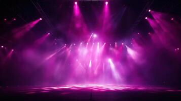 ai gegenereerd stadium licht met rood roze Purper schijnwerpers en rook. concert en theater donker tafereel foto