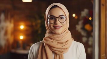 ai gegenereerd jong volwassen zelfverzekerd aantrekkelijk vrouw met hijaab, mooi dame vervelend bril, dichtbij omhoog foto