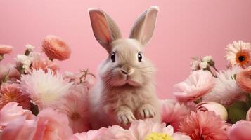 ai gegenereerd schattig weinig konijn en bloemen Aan roze achtergrond. Pasen concept. foto