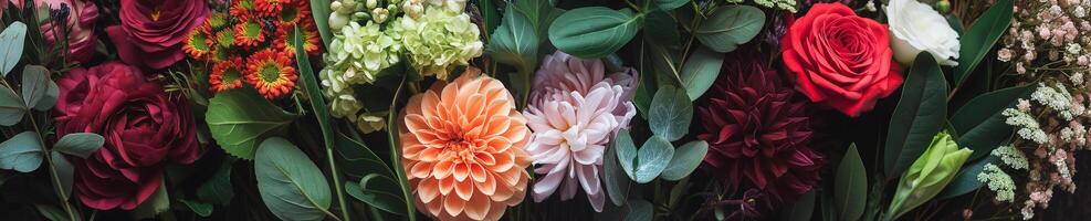 ai gegenereerd bloemen arrangement van groot, weelderig bloemen Aan een horizontaal achtergrond. foto