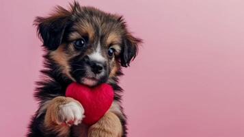 ai gegenereerd driekleur puppy met een mengsel van zwart, bruin en wit vacht Aan een roze achtergrond met ruimte voor tekst. de puppy heeft expressief ogen en looks Rechtdoor in de camera. foto