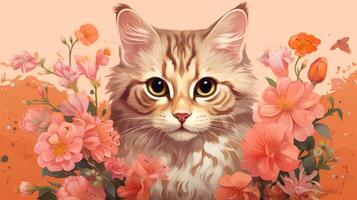 ai gegenereerd schattig gember kat zittend Aan een Afdeling van een bloeiende boom. kat met voorjaar bloemen Aan perzik achtergrond. digitaal kunst schilderen. foto