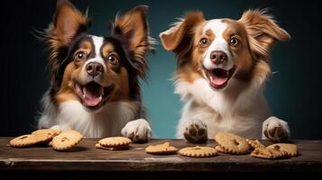 ai gegenereerd twee Australisch herders met biscuits Aan een houten tafel. foto