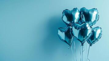 ai gegenereerd folie lucht ballonnen Aan pastel blauw achtergrond. blauw hart vormig helium ballonnen Aan blauw achtergrond. minimaal liefde concept. Valentijnsdag dag of bruiloft partij decoratie. foto