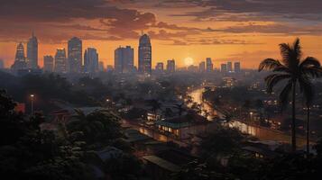 ai gegenereerd een sereen stad tafereel van Jakarta, met zonsondergang met zichtbaar penseelvoering. impasto structuur en clair-obscur verlichting, emuleren de stijl van een klassiek olie schilderij foto