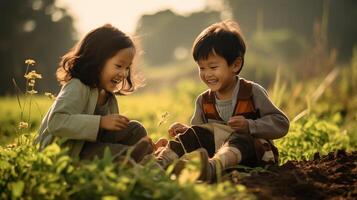 ai gegenereerd een openhartig schot van jong Aziatisch kinderen, het beste vrienden spelen in de velden, breed schot, natuurlijk middag licht, warm moment foto