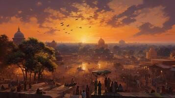 ai gegenereerd een sereen stad tafereel van nieuw Delhi vieren hallo, met zonsondergang met zichtbaar penseelvoering. impasto structuur en clair-obscur verlichting, emuleren de stijl van een klassiek olie schilderij foto