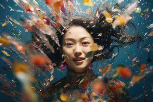 ai gegenereerd portret van een fantasie schoonheid mode vrouw model- gezicht in een plons van kleurrijk water druppels in verf. foto