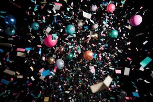 ai gegenereerd abstract feestelijk zwart achtergrond met plons van veelkleurig fonkeling confetti foto