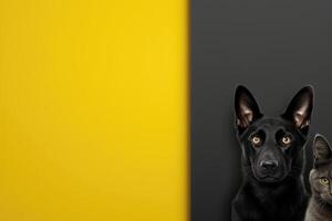 ai gegenereerd portret van een zwart hond en een kat hoofd op zoek Bij de camera Aan een grijs en geel achtergrond foto