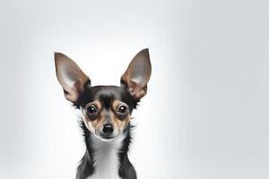 ai gegenereerd studio portret van zwart en bruin chihuahua hond op zoek Bij de camera geïsoleerd in wit achtergrond foto