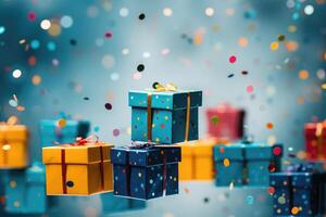 ai gegenereerd veel kleurrijk geschenk dozen vliegend Aan feestelijk blauw achtergrond met confetti foto