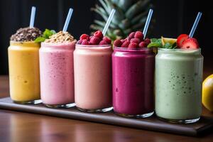 ai gegenereerd BES vers biologisch smoothie met vitamines, eigengemaakt gemengd fruit drank Aan houten achtergrond foto